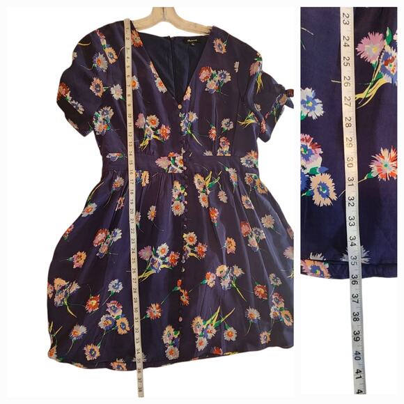 Madewell Silk Floral Mini Dress, button-front, tie-sleeve, retro-fit, size 12 - Picture 8 of 15